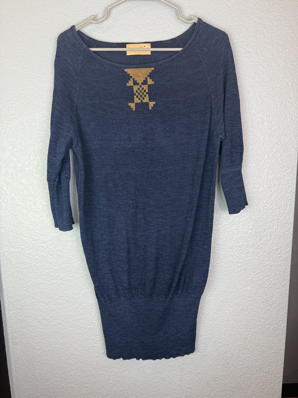 Sessun Minko Sweater Womens Large Navy Blue Gold Embroidered Cotton Knit Dress